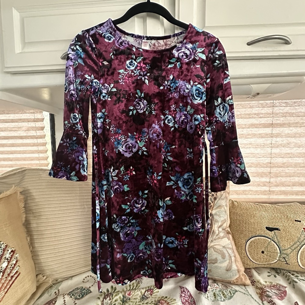 Justice Girls Velour‎ Dress Size 8 Floral Bell Sleeves A-Line Midi Whimsical